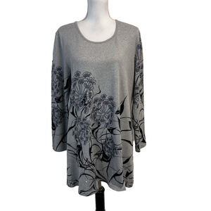 Variations Sweater Top Tunic Women's Size XL Gray Black Floral Stretch Boho